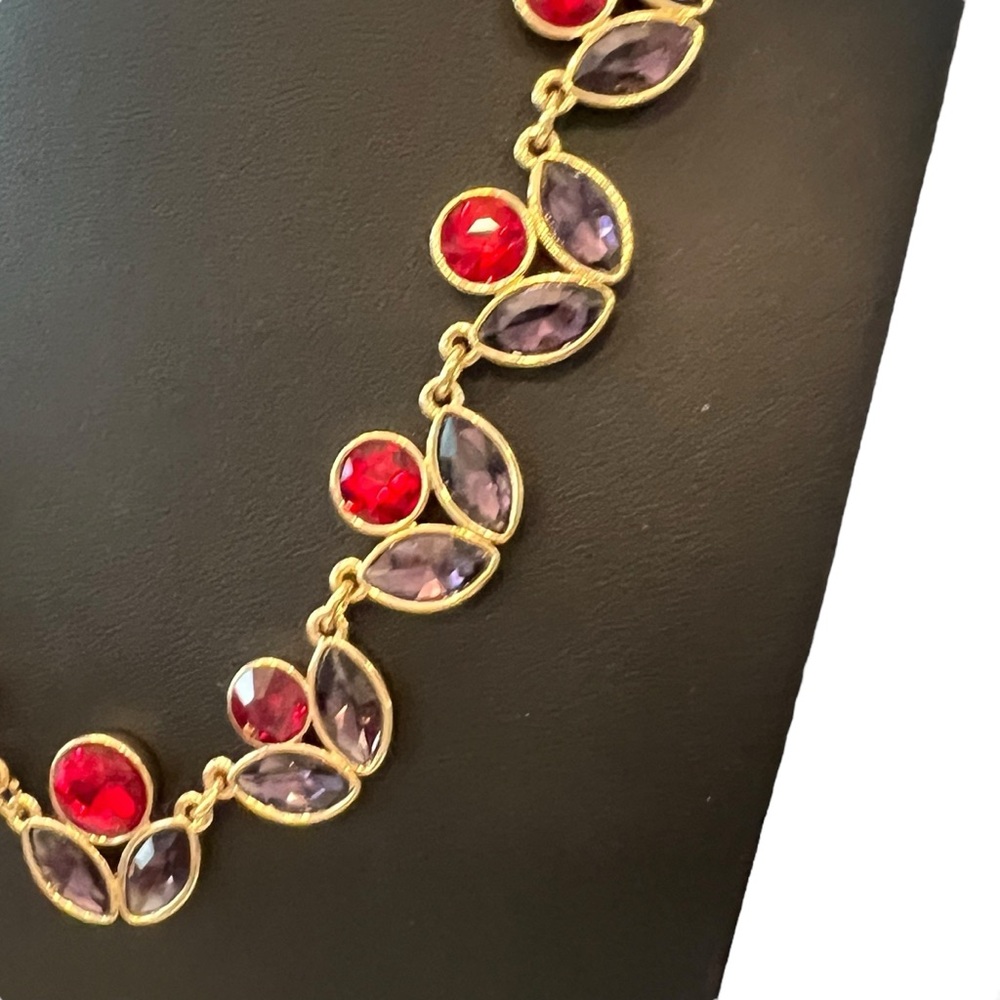 Liz Claiborne Statement Necklace Signed Red Purple Stone Flowers‎ Gold Tone 20” - Picture 4 of 14